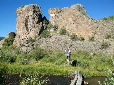 Bill crosses a creek on a log bridge